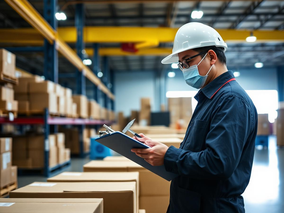 Inspector checking cartons in a Chinese factory warehouse